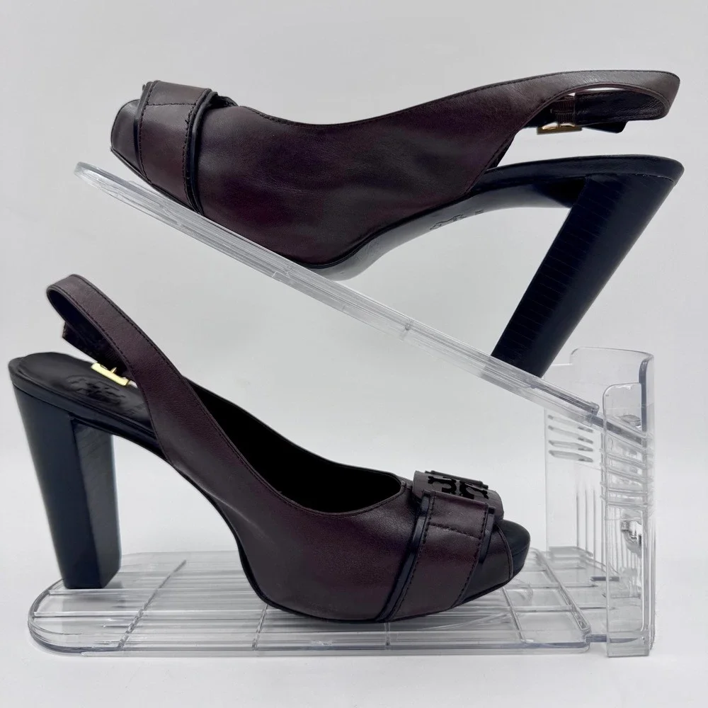 Tory Burch Dark Brown Leather Peep Toe 8M Slingback Block Heel Pumps